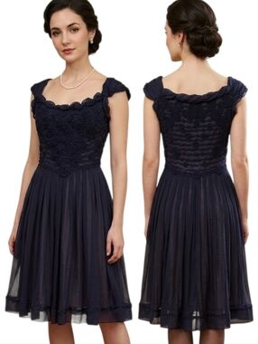 PERUVIAN CONNECTION Navy Silk Chiffon Rosette Cocktail Dress - Size 8